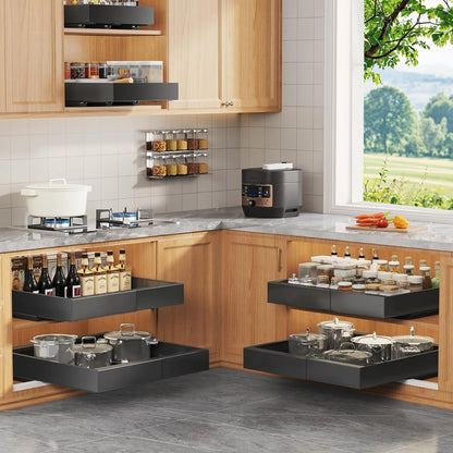 Expandable Pull Out Cabinet Organizer 21"Deep With Raising Pad for Framed Cabinets,Upgrade 3 Slide Rails Slide Out Drawers,No Drill Roll Out Shelves,Adjustable Width 12.1"-20.4" White