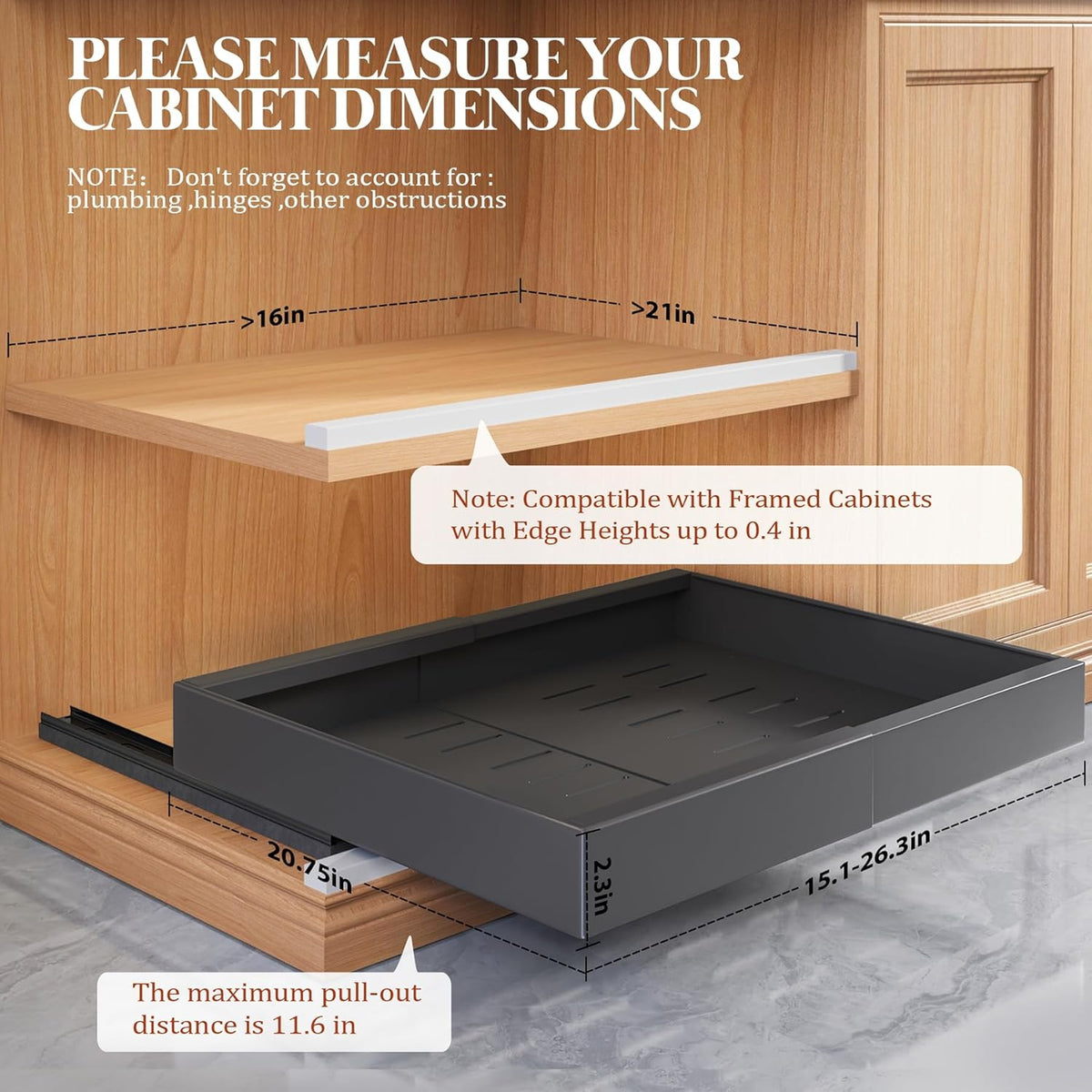 Expandable Pull Out Cabinet Organizer 21"Deep With Raising Pad for Framed Cabinets,Upgrade 3 Slide Rails Slide Out Drawers,No Drill Roll Out Shelves,Adjustable Width 12.1"-20.4" White