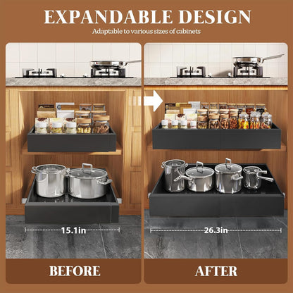 Expandable Pull Out Cabinet Organizer 21"Deep With Raising Pad for Framed Cabinets,Upgrade 3 Slide Rails Slide Out Drawers,No Drill Roll Out Shelves,Adjustable Width 12.1"-20.4" White