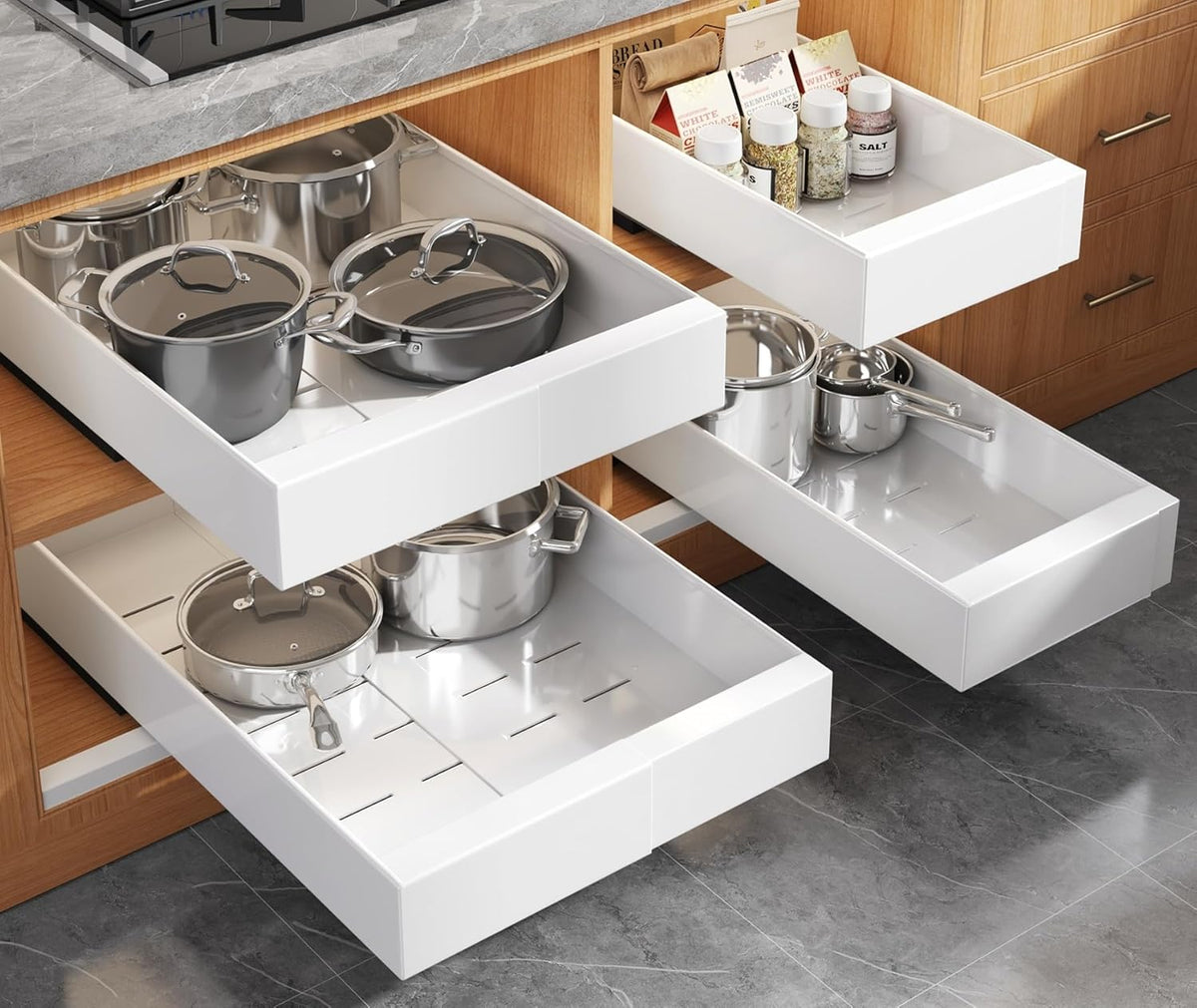 Expandable Pull Out Cabinet Organizer 21"Deep With Raising Pad for Framed Cabinets,Upgrade 3 Slide Rails Slide Out Drawers,No Drill Roll Out Shelves,Adjustable Width 12.1"-20.4" White