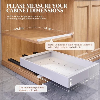 Expandable Pull Out Cabinet Organizer 21"Deep With Raising Pad for Framed Cabinets,Upgrade 3 Slide Rails Slide Out Drawers,No Drill Roll Out Shelves,Adjustable Width 12.1"-20.4" White