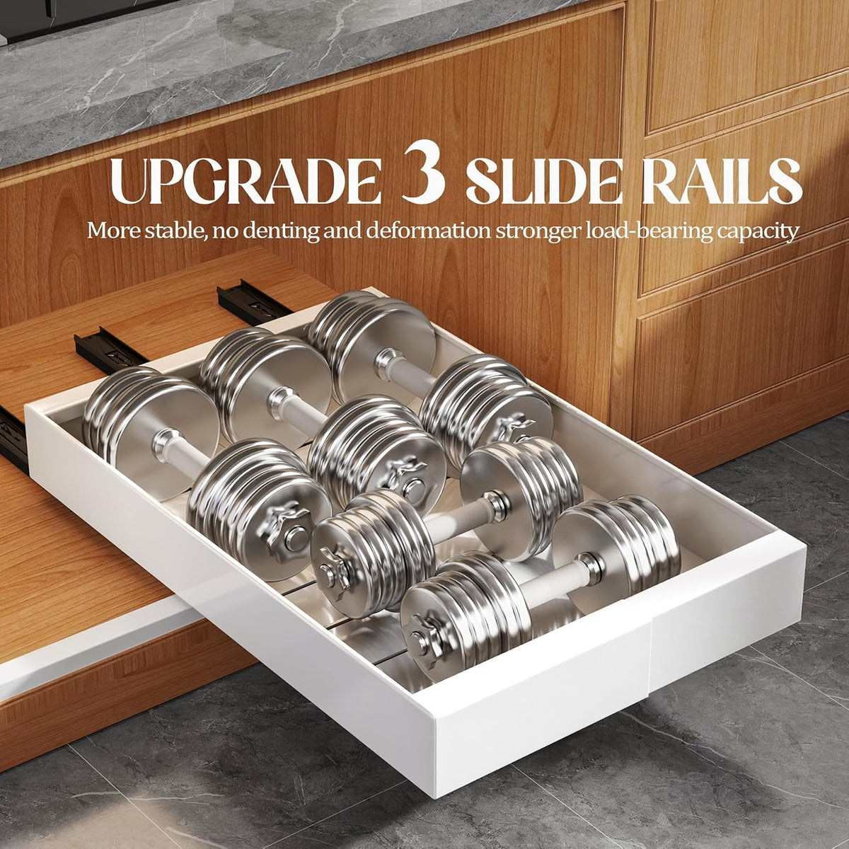 Expandable Pull Out Cabinet Organizer 21"Deep With Raising Pad for Framed Cabinets,Upgrade 3 Slide Rails Slide Out Drawers,No Drill Roll Out Shelves,Adjustable Width 12.1"-20.4" White