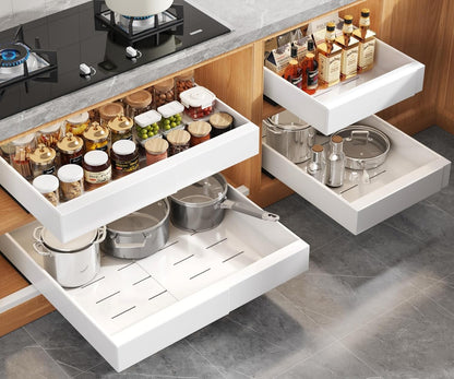 Expandable Pull Out Cabinet Organizer 21"Deep With Raising Pad for Framed Cabinets,Upgrade 3 Slide Rails Slide Out Drawers,No Drill Roll Out Shelves,Adjustable Width 12.1"-20.4" White