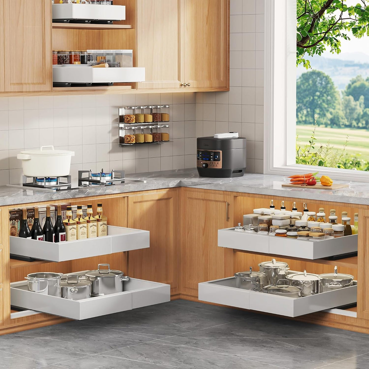Expandable Pull Out Cabinet Organizer 21"Deep With Raising Pad for Framed Cabinets,Upgrade 3 Slide Rails Slide Out Drawers,No Drill Roll Out Shelves,Adjustable Width 12.1"-20.4" White