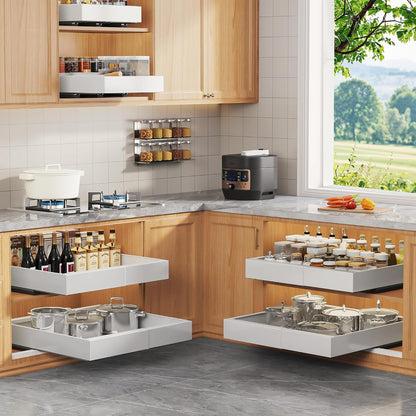 Expandable Pull Out Cabinet Organizer 21"Deep With Raising Pad for Framed Cabinets,Upgrade 3 Slide Rails Slide Out Drawers,No Drill Roll Out Shelves,Adjustable Width 12.1"-20.4" White