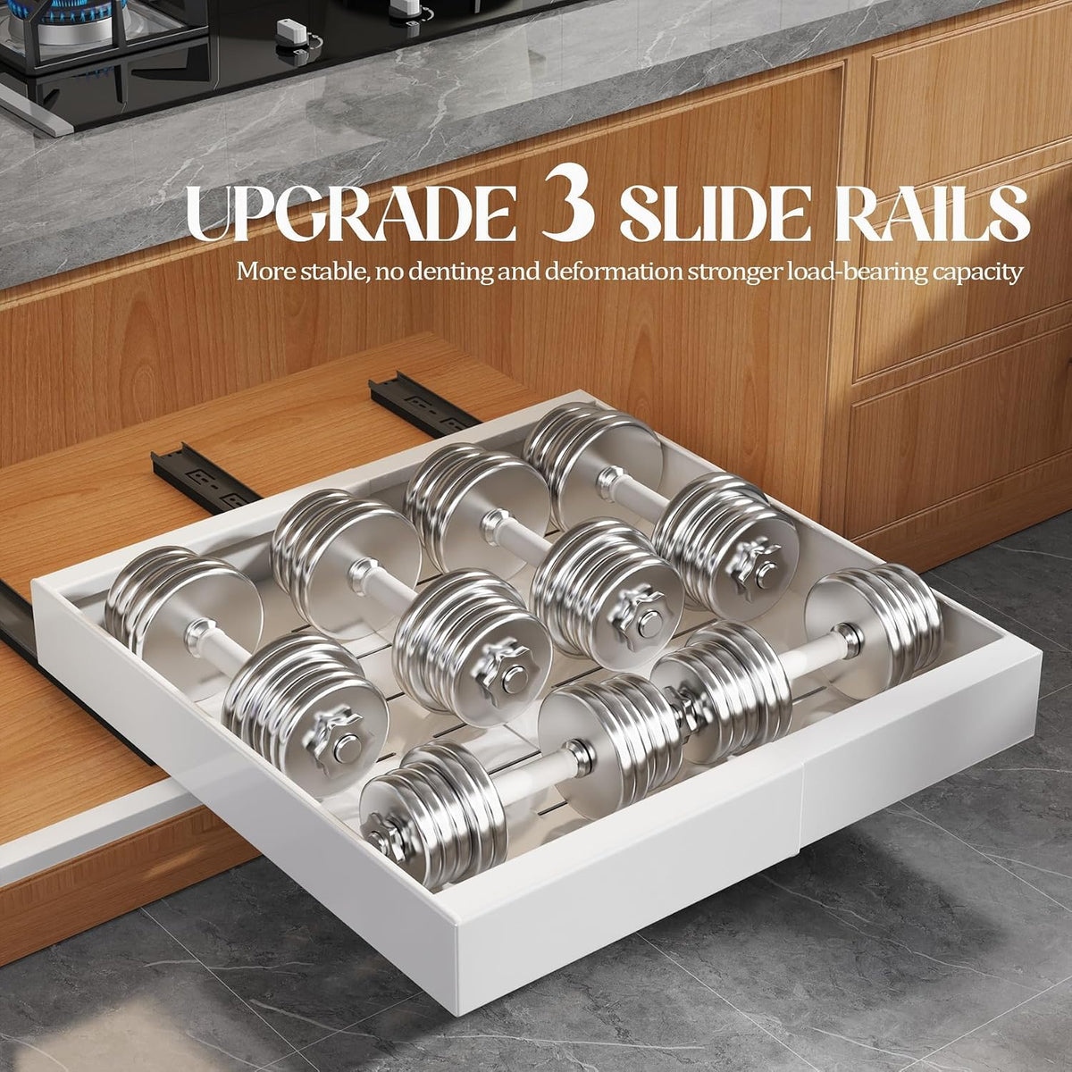 Expandable Pull Out Cabinet Organizer 21"Deep With Raising Pad for Framed Cabinets,Upgrade 3 Slide Rails Slide Out Drawers,No Drill Roll Out Shelves,Adjustable Width 12.1"-20.4" White