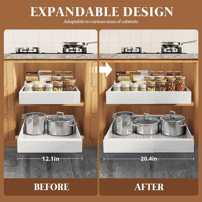 Expandable Pull Out Cabinet Organizer 21"Deep With Raising Pad for Framed Cabinets,Upgrade 3 Slide Rails Slide Out Drawers,No Drill Roll Out Shelves,Adjustable Width 12.1"-20.4" White