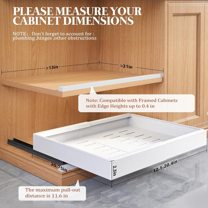 Expandable Pull Out Cabinet Organizer 21"Deep With Raising Pad for Framed Cabinets,Upgrade 3 Slide Rails Slide Out Drawers,No Drill Roll Out Shelves,Adjustable Width 12.1"-20.4" White