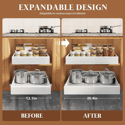 Expandable Pull Out Cabinet Organizer 21"Deep With Raising Pad for Framed Cabinets,Upgrade 3 Slide Rails Slide Out Drawers,No Drill Roll Out Shelves,Adjustable Width 12.1"-20.4" White