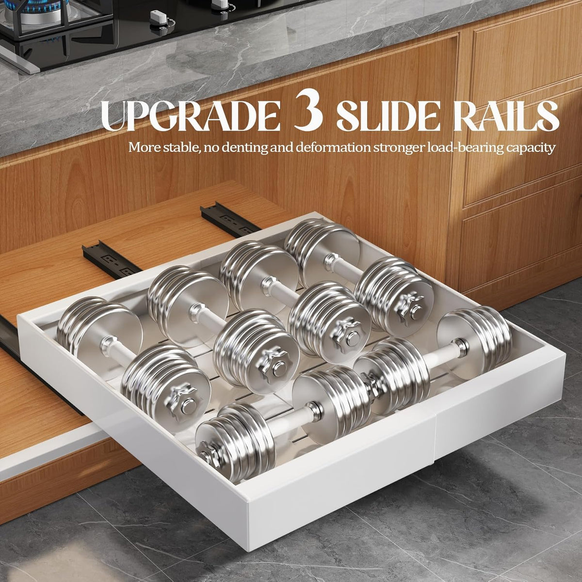 Expandable Pull Out Cabinet Organizer 21"Deep With Raising Pad for Framed Cabinets,Upgrade 3 Slide Rails Slide Out Drawers,No Drill Roll Out Shelves,Adjustable Width 12.1"-20.4" White