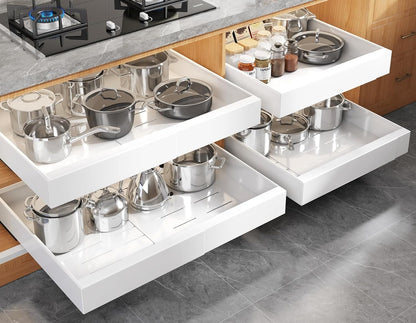 Expandable Pull Out Cabinet Organizer 21"Deep With Raising Pad for Framed Cabinets,Upgrade 3 Slide Rails Slide Out Drawers,No Drill Roll Out Shelves,Adjustable Width 12.1"-20.4" White