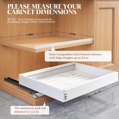 Expandable Pull Out Cabinet Organizer 21"Deep With Raising Pad for Framed Cabinets,Upgrade 3 Slide Rails Slide Out Drawers,No Drill Roll Out Shelves,Adjustable Width 12.1"-20.4" White