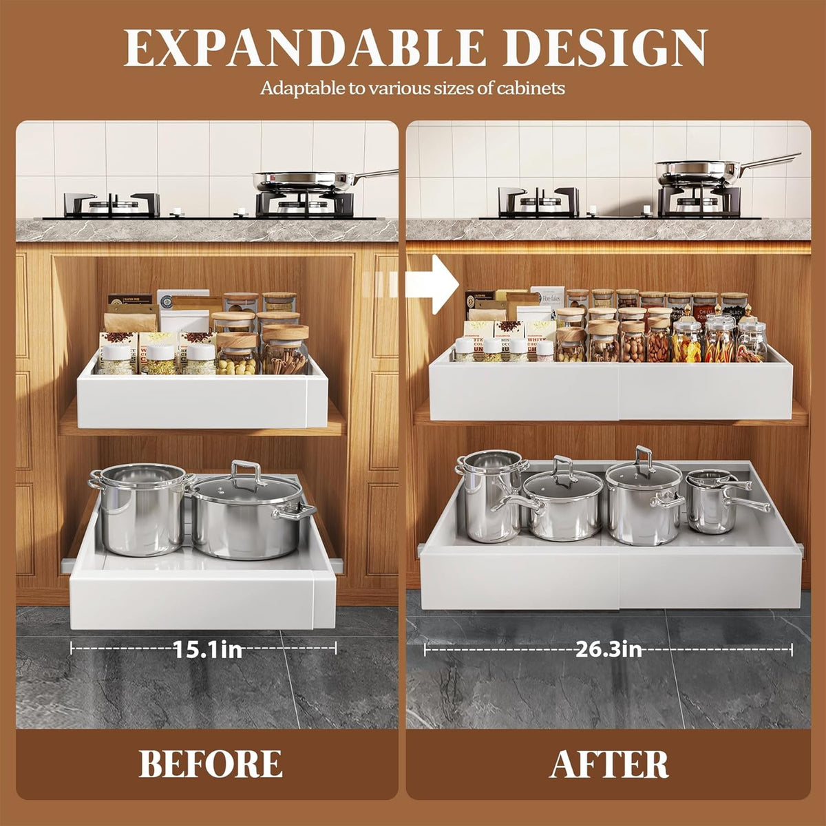Expandable Pull Out Cabinet Organizer 21"Deep With Raising Pad for Framed Cabinets,Upgrade 3 Slide Rails Slide Out Drawers,No Drill Roll Out Shelves,Adjustable Width 12.1"-20.4" White