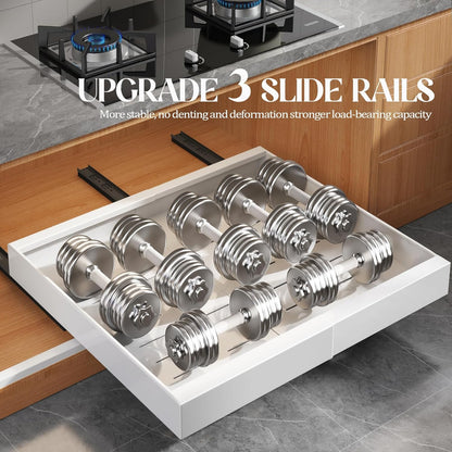 Expandable Pull Out Cabinet Organizer 21"Deep With Raising Pad for Framed Cabinets,Upgrade 3 Slide Rails Slide Out Drawers,No Drill Roll Out Shelves,Adjustable Width 12.1"-20.4" White