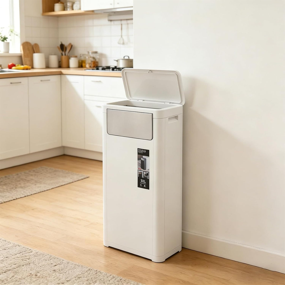 32L/8.45Gal Trash Can, Large Slim Trash Can with Dual Opening Lids Plastic Garbage Can with Push Lid & Pop-Up Lid for Kitchen Living Room Office (White)