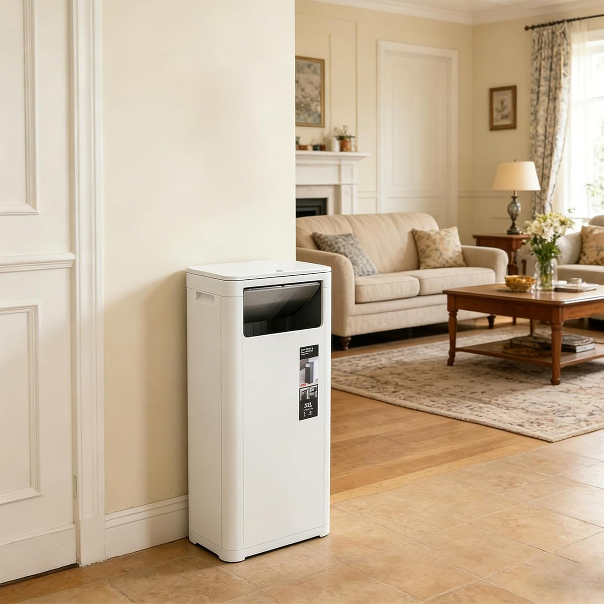 32L/8.45Gal Trash Can, Large Slim Trash Can with Dual Opening Lids Plastic Garbage Can with Push Lid & Pop-Up Lid for Kitchen Living Room Office (White)