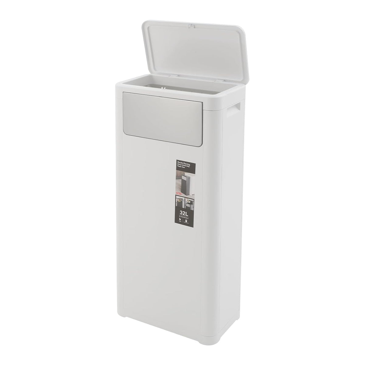 32L/8.45Gal Trash Can, Large Slim Trash Can with Dual Opening Lids Plastic Garbage Can with Push Lid & Pop-Up Lid for Kitchen Living Room Office (White)