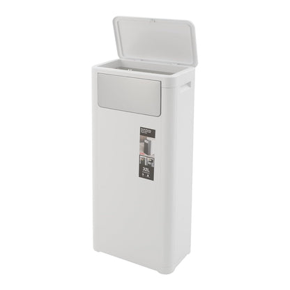 32L/8.45Gal Trash Can, Large Slim Trash Can with Dual Opening Lids Plastic Garbage Can with Push Lid & Pop-Up Lid for Kitchen Living Room Office (White)