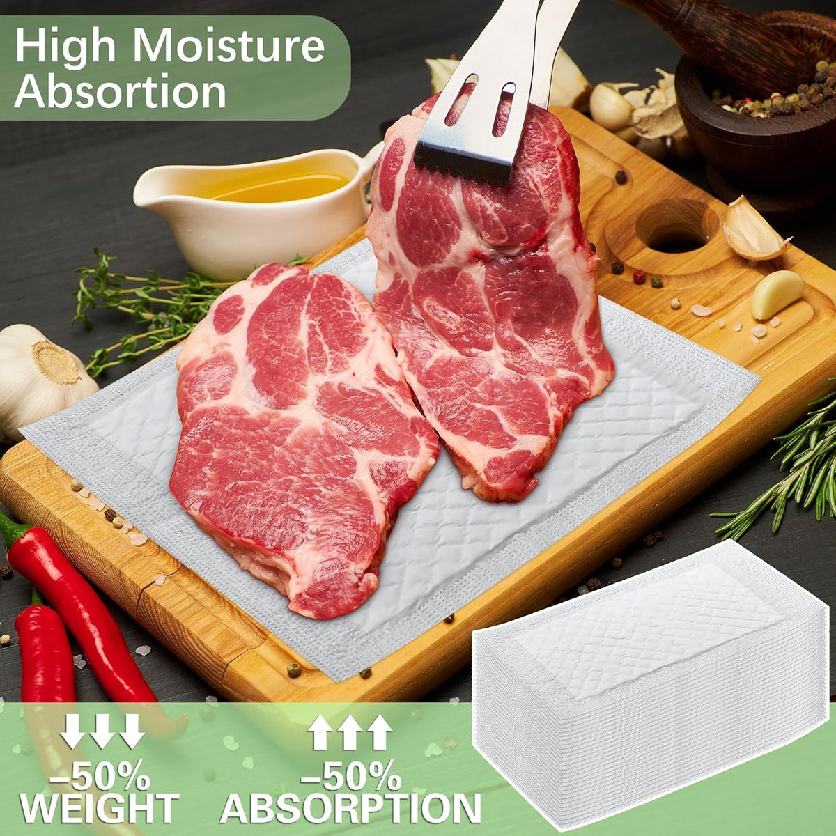 200Pcs Meat Absorbent Pads 4x7 Inch Meat Soaker Pads for for Vacuum Sealer Bags Fish Dry Clean for Kitchen and Shop,60 Grams