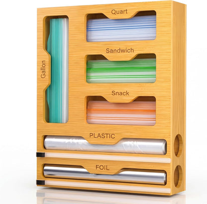 6 in 1 Bamboo Food Storage Bag Organizer, Plastic Wrap Dispenser with Cutter, Foil Wax Paper Organizer for Kitchen Drawer, Wall Mount Countertop, Fits Gallon, Quart, Sandwich, Snack Bags