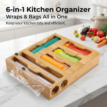 6 in 1 Bamboo Food Storage Bag Organizer, Plastic Wrap Dispenser with Cutter, Foil Wax Paper Organizer for Kitchen Drawer, Wall Mount Countertop, Fits Gallon, Quart, Sandwich, Snack Bags