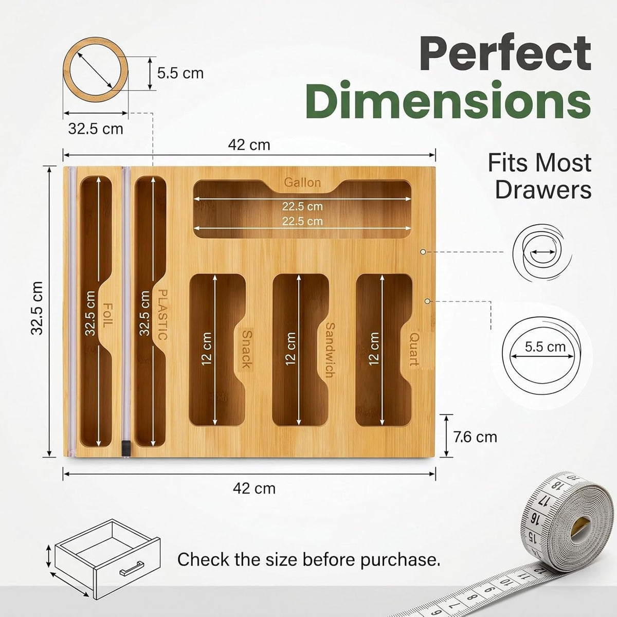 6 in 1 Bamboo Food Storage Bag Organizer, Plastic Wrap Dispenser with Cutter, Foil Wax Paper Organizer for Kitchen Drawer, Wall Mount Countertop, Fits Gallon, Quart, Sandwich, Snack Bags