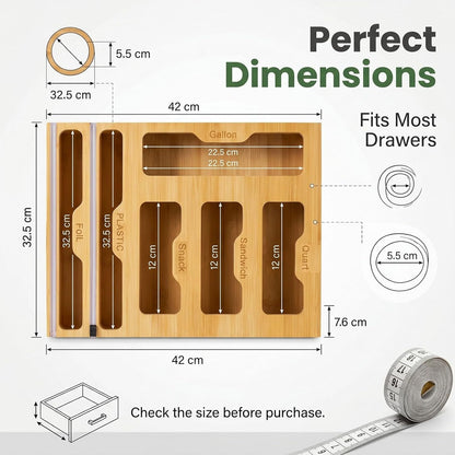 6 in 1 Bamboo Food Storage Bag Organizer, Plastic Wrap Dispenser with Cutter, Foil Wax Paper Organizer for Kitchen Drawer, Wall Mount Countertop, Fits Gallon, Quart, Sandwich, Snack Bags