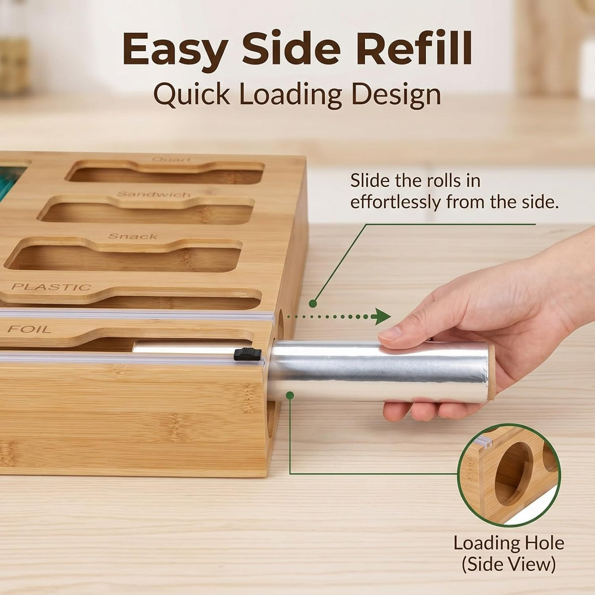 6 in 1 Bamboo Food Storage Bag Organizer, Plastic Wrap Dispenser with Cutter, Foil Wax Paper Organizer for Kitchen Drawer, Wall Mount Countertop, Fits Gallon, Quart, Sandwich, Snack Bags