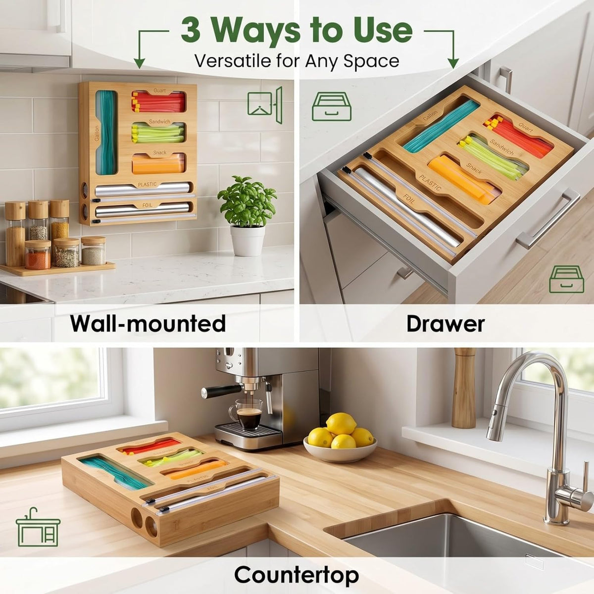 6 in 1 Bamboo Food Storage Bag Organizer, Plastic Wrap Dispenser with Cutter, Foil Wax Paper Organizer for Kitchen Drawer, Wall Mount Countertop, Fits Gallon, Quart, Sandwich, Snack Bags