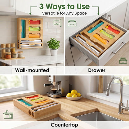6 in 1 Bamboo Food Storage Bag Organizer, Plastic Wrap Dispenser with Cutter, Foil Wax Paper Organizer for Kitchen Drawer, Wall Mount Countertop, Fits Gallon, Quart, Sandwich, Snack Bags