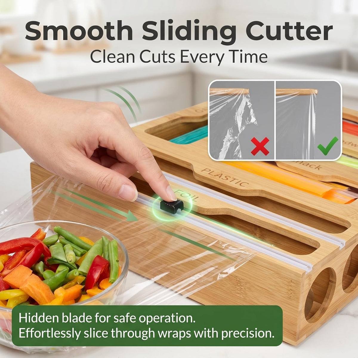6 in 1 Bamboo Food Storage Bag Organizer, Plastic Wrap Dispenser with Cutter, Foil Wax Paper Organizer for Kitchen Drawer, Wall Mount Countertop, Fits Gallon, Quart, Sandwich, Snack Bags