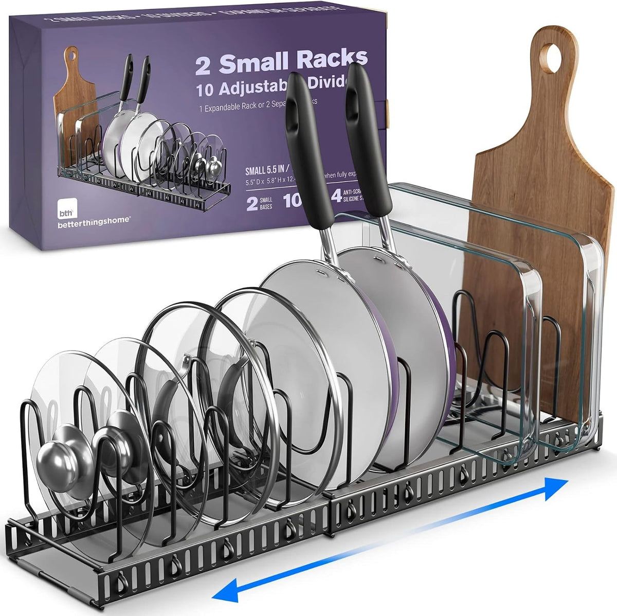 5.5” Wide 12-Slot Adjustable Pot Lid Organizer with Scratch-Free Pads, Expandable Pot Lid Holder Rack for Cabinet, Small to Medium Pots and Pans Organizer Inside Cabinet