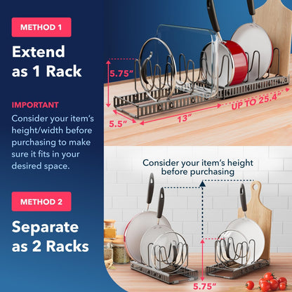 5.5” Wide 12-Slot Adjustable Pot Lid Organizer with Scratch-Free Pads, Expandable Pot Lid Holder Rack for Cabinet, Small to Medium Pots and Pans Organizer Inside Cabinet