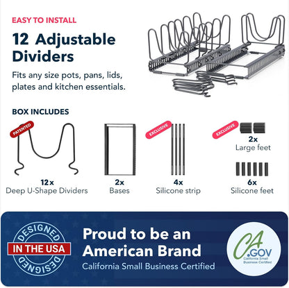 5.5” Wide 12-Slot Adjustable Pot Lid Organizer with Scratch-Free Pads, Expandable Pot Lid Holder Rack for Cabinet, Small to Medium Pots and Pans Organizer Inside Cabinet