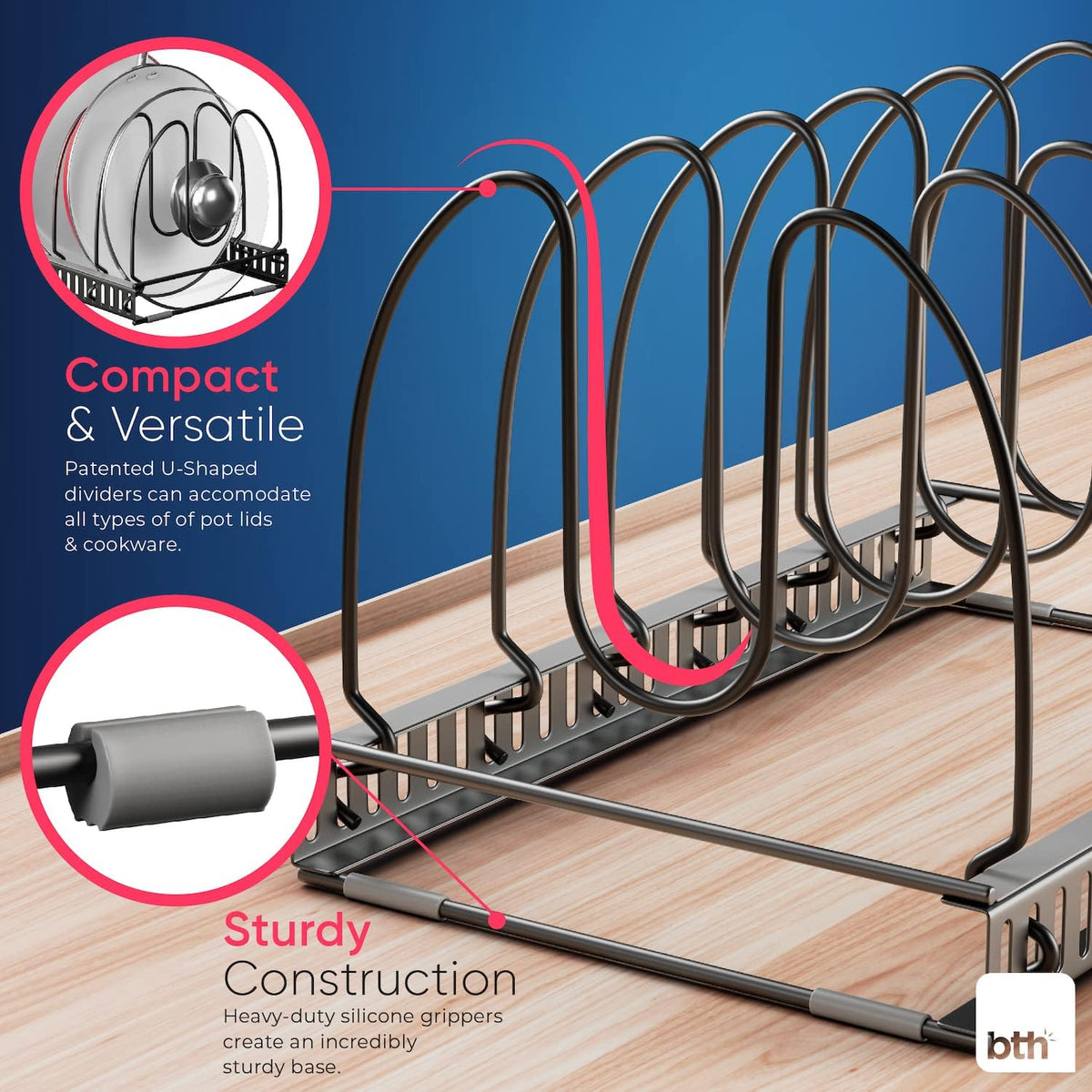 5.5” Wide 12-Slot Adjustable Pot Lid Organizer with Scratch-Free Pads, Expandable Pot Lid Holder Rack for Cabinet, Small to Medium Pots and Pans Organizer Inside Cabinet
