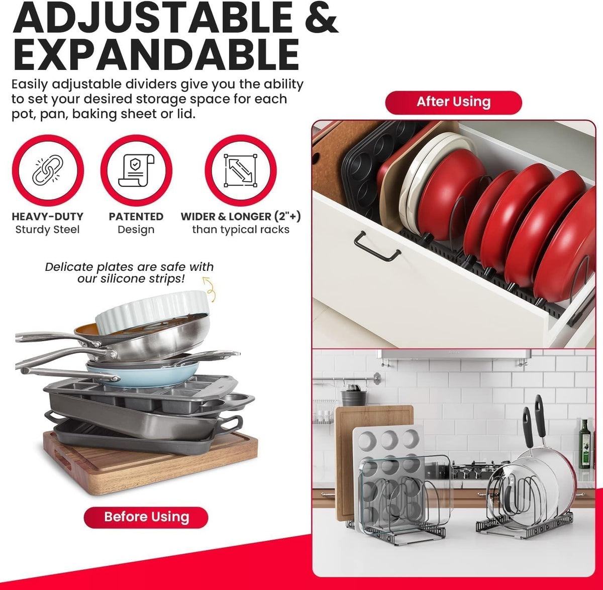 5.5” Wide 12-Slot Adjustable Pot Lid Organizer with Scratch-Free Pads, Expandable Pot Lid Holder Rack for Cabinet, Small to Medium Pots and Pans Organizer Inside Cabinet