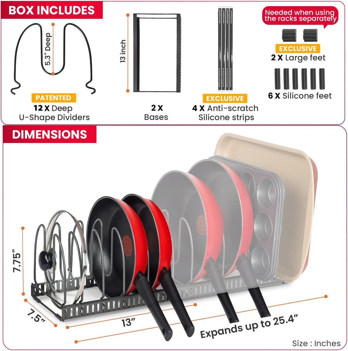 5.5” Wide 12-Slot Adjustable Pot Lid Organizer with Scratch-Free Pads, Expandable Pot Lid Holder Rack for Cabinet, Small to Medium Pots and Pans Organizer Inside Cabinet