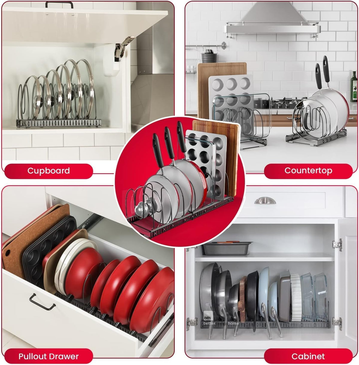 5.5” Wide 12-Slot Adjustable Pot Lid Organizer with Scratch-Free Pads, Expandable Pot Lid Holder Rack for Cabinet, Small to Medium Pots and Pans Organizer Inside Cabinet