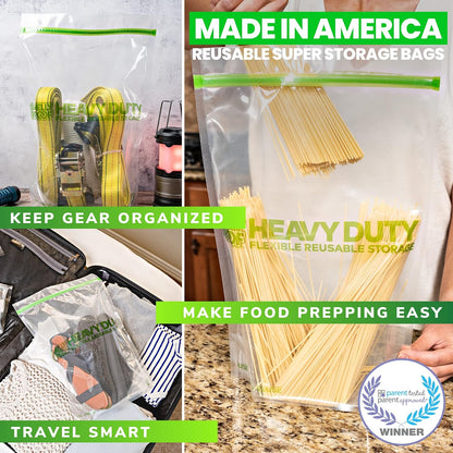 HEAVY DUTY Reusable STAND-UP Bags for Food Storage, USA Made, NO PEVA & BPA FREE, Reusable Freezer Bags, Dishwasher-Safe, Triple Zip, CLEAR 5-mils XXL 2-Gallon 12" x 16" - 5pk