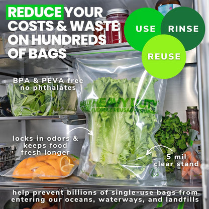 HEAVY DUTY Reusable STAND-UP Bags for Food Storage, USA Made, NO PEVA & BPA FREE, Reusable Freezer Bags, Dishwasher-Safe, Triple Zip, CLEAR 5-mils XXL 2-Gallon 12" x 16" - 5pk