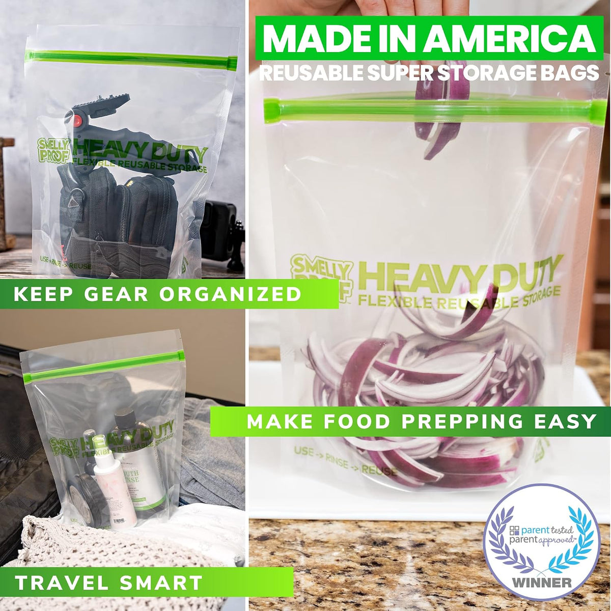 HEAVY DUTY Reusable STAND-UP Bags for Food Storage, USA Made, NO PEVA & BPA FREE, Reusable Freezer Bags, Dishwasher-Safe, Triple Zip, CLEAR 5-mils XXL 2-Gallon 12" x 16" - 5pk