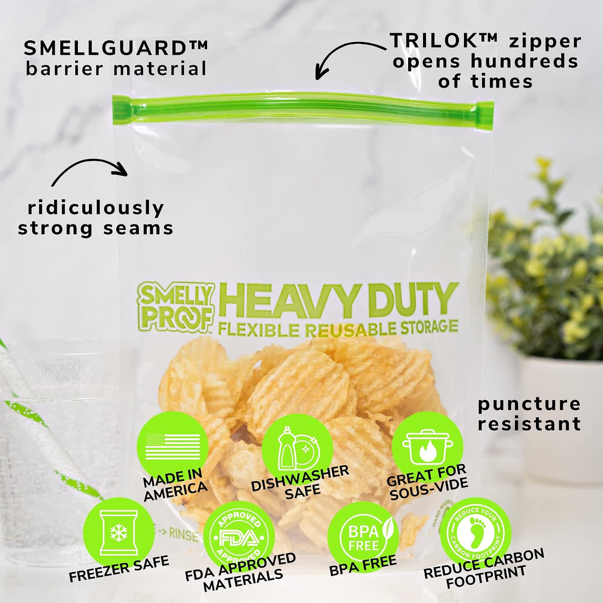 HEAVY DUTY Reusable STAND-UP Bags for Food Storage, USA Made, NO PEVA & BPA FREE, Reusable Freezer Bags, Dishwasher-Safe, Triple Zip, CLEAR 5-mils XXL 2-Gallon 12" x 16" - 5pk
