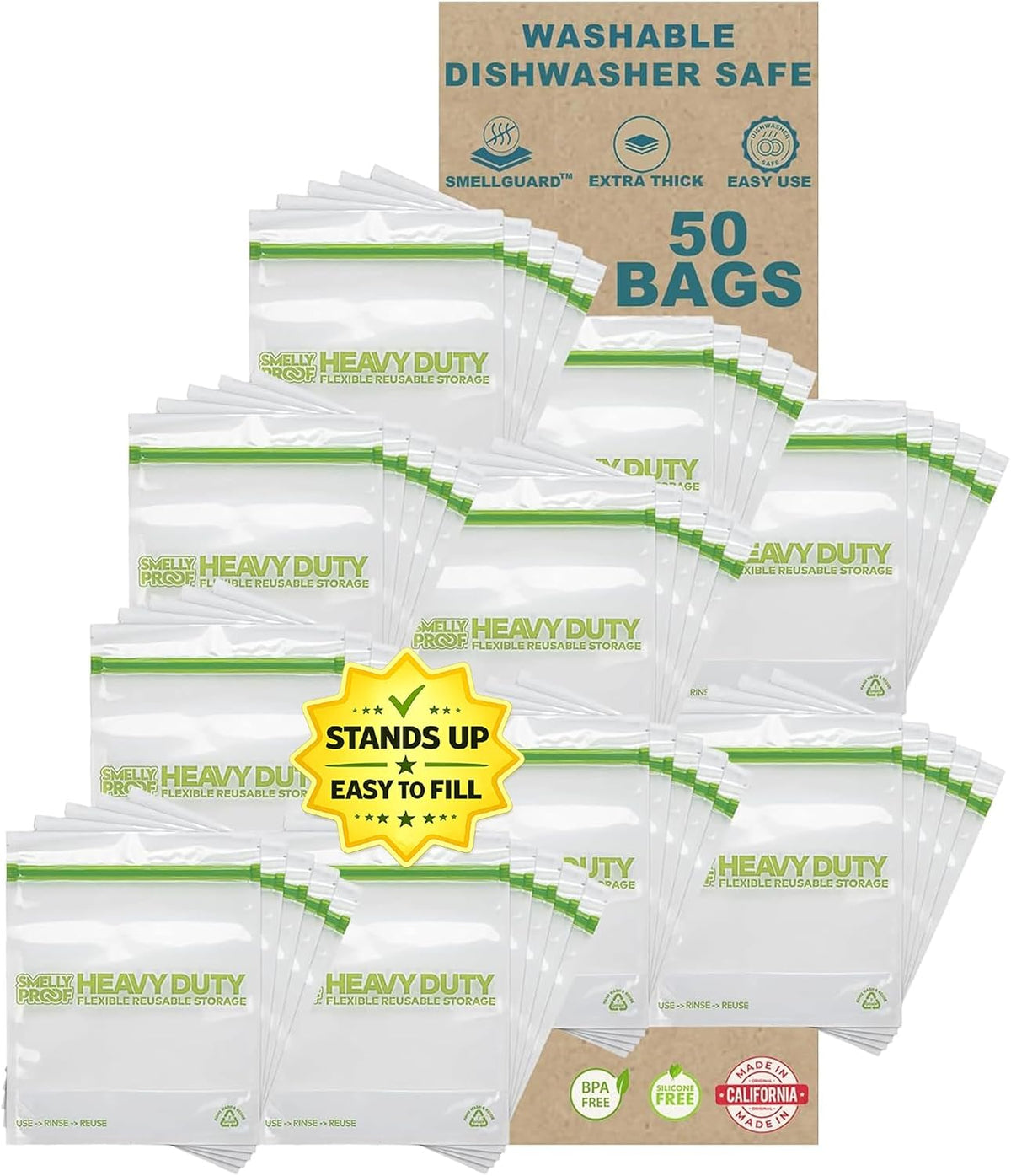 HEAVY DUTY Reusable STAND-UP Bags for Food Storage, USA Made, NO PEVA & BPA FREE, Reusable Freezer Bags, Dishwasher-Safe, Triple Zip, CLEAR 5-mils XXL 2-Gallon 12" x 16" - 5pk