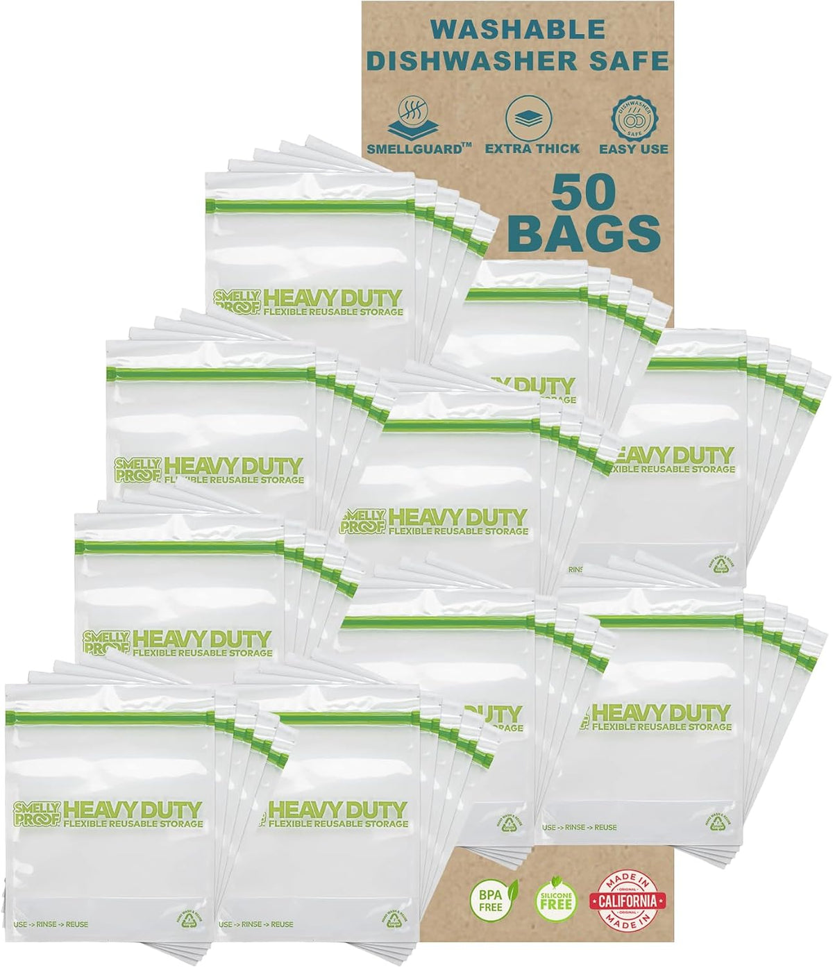 HEAVY DUTY Reusable STAND-UP Bags for Food Storage, USA Made, NO PEVA & BPA FREE, Reusable Freezer Bags, Dishwasher-Safe, Triple Zip, CLEAR 5-mils XXL 2-Gallon 12" x 16" - 5pk