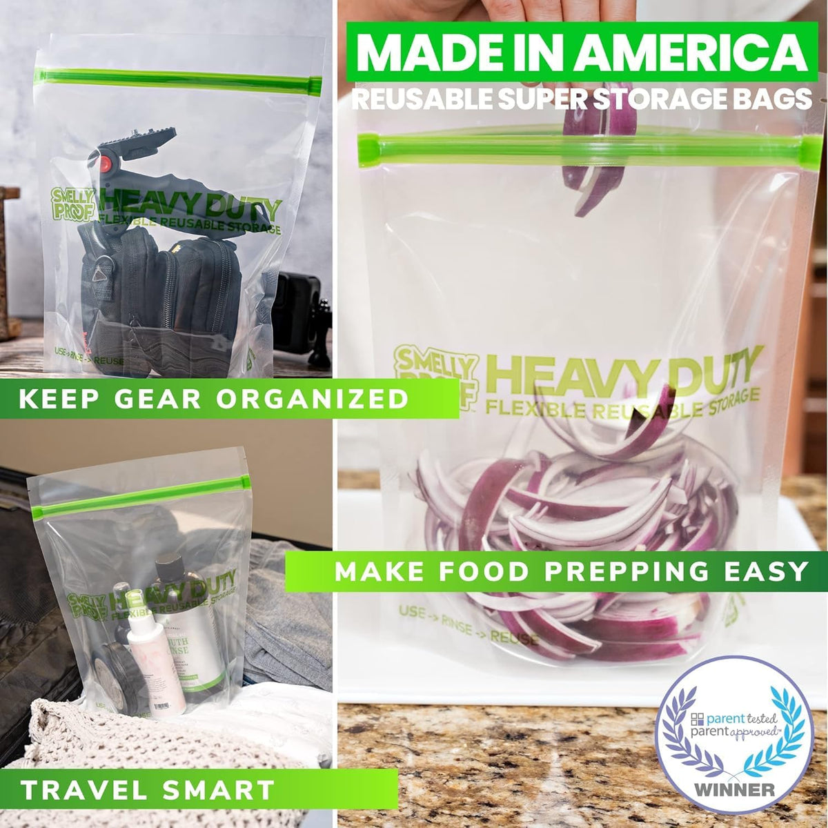 HEAVY DUTY Reusable STAND-UP Bags for Food Storage, USA Made, NO PEVA & BPA FREE, Reusable Freezer Bags, Dishwasher-Safe, Triple Zip, CLEAR 5-mils XXL 2-Gallon 12" x 16" - 5pk