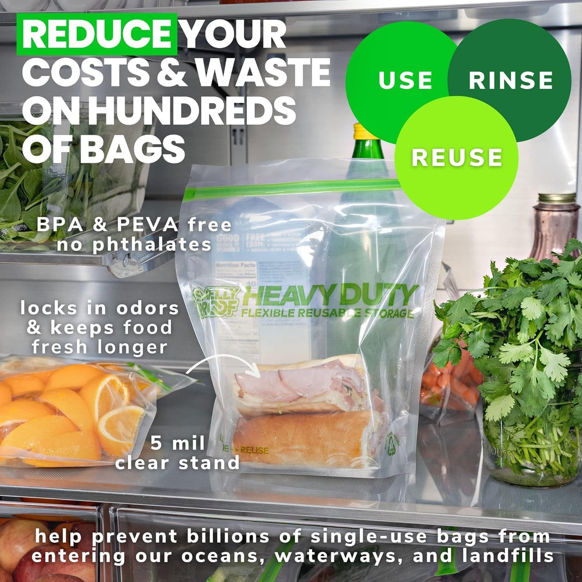 HEAVY DUTY Reusable STAND-UP Bags for Food Storage, USA Made, NO PEVA & BPA FREE, Reusable Freezer Bags, Dishwasher-Safe, Triple Zip, CLEAR 5-mils XXL 2-Gallon 12" x 16" - 5pk