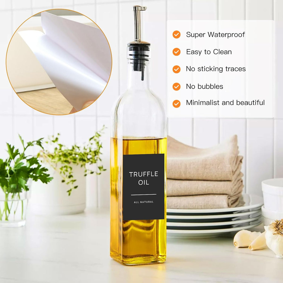 50 Oil and Vinegar Labels for Bottles,Preprinted Condiments Label Stickers for Organizing Oil Dispenser Bottles, Black Matte Minimalist Oil Jar Labels