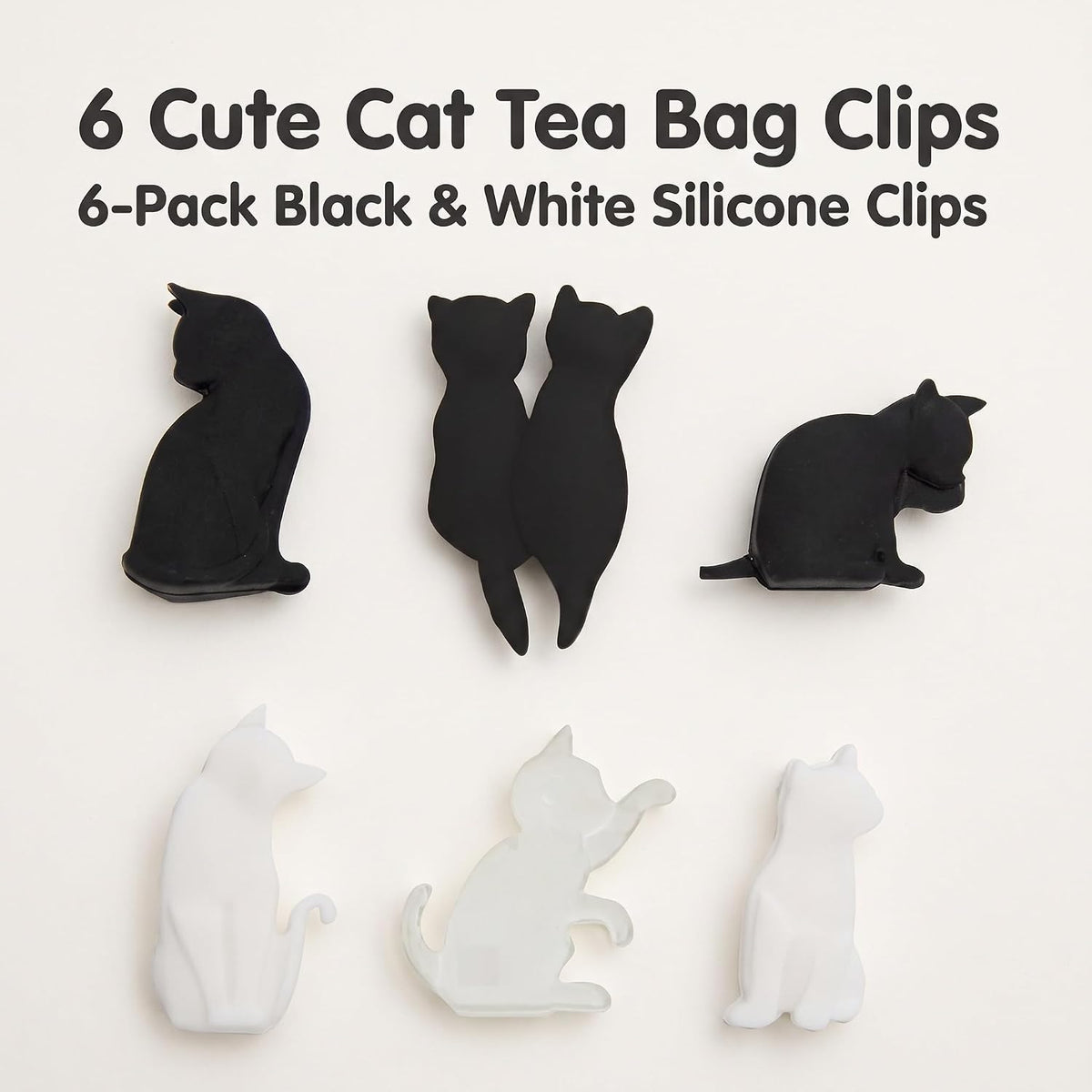 6Pcs Black and White Heat-resistant Silicone Tea Bag Clips Set of 6 Cartoon Cat-shaped Reusable Holders for Bags Drink Markers Food Tea Accessories