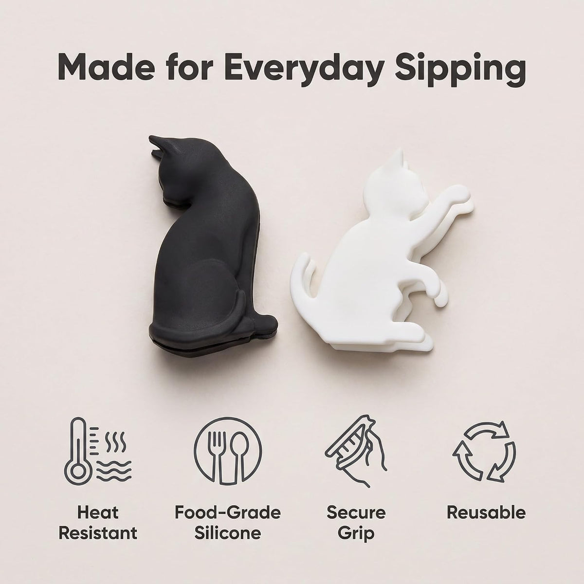 6Pcs Black and White Heat-resistant Silicone Tea Bag Clips Set of 6 Cartoon Cat-shaped Reusable Holders for Bags Drink Markers Food Tea Accessories