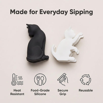 6Pcs Black and White Heat-resistant Silicone Tea Bag Clips Set of 6 Cartoon Cat-shaped Reusable Holders for Bags Drink Markers Food Tea Accessories